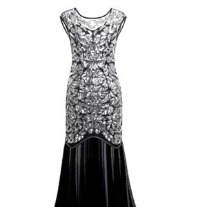 Pretty Guide Beaded and Sequin Silver Formal  Long Cocktail Party Dress size L